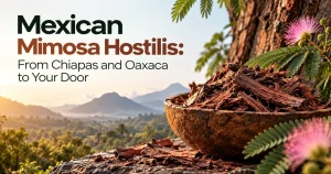 Mexican Mimosa hostilis inner root bark in a wooden bowl with pink flowers and green leaves, with mountains of southern Mexico in the background