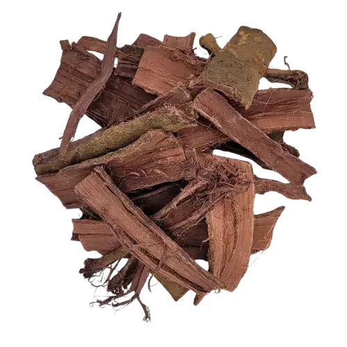 Mexican Mimosa hostilis root bark pieces showing natural curvature, fibrous texture and irregular shapes