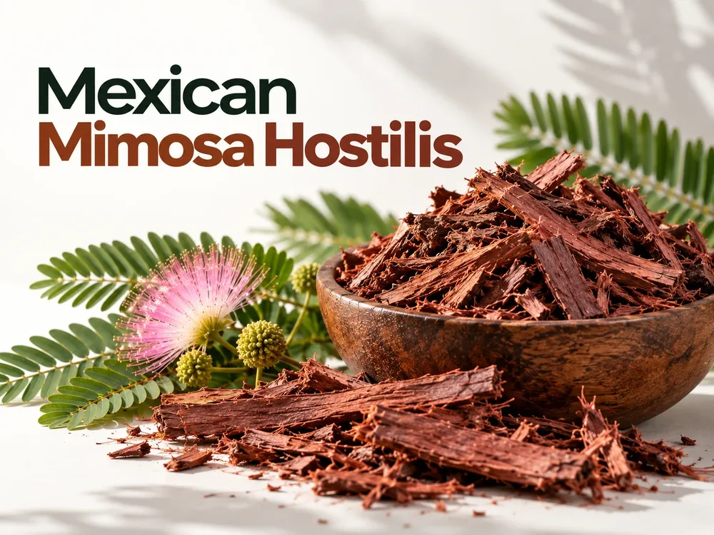 Wooden bowl of Mexican Mimosa hostilis inner root bark pieces beside a pink Mimosa flower and green leaves