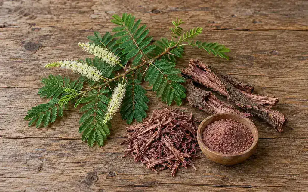 Mimosa hostilis flowering branch with whole, shredded and powdered root bark