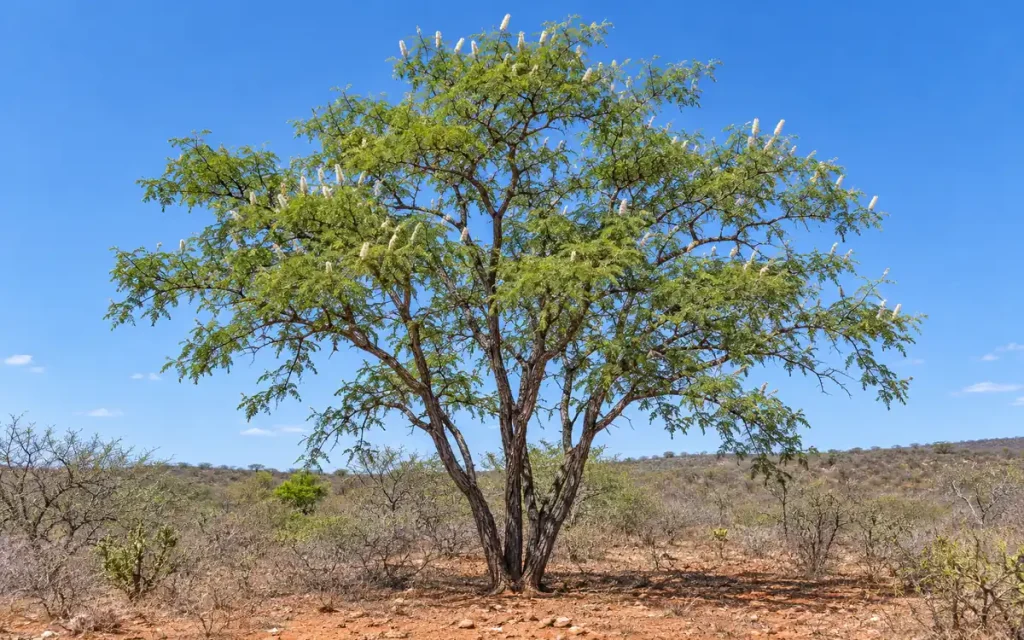 Full-grown Mimosa hostilis tree with white flower spikes in dry scrubland